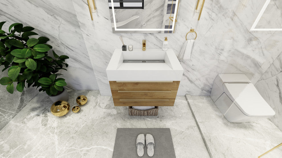 Madison 30" Wall Mounted Vanity With Reinforced Acrylic Sink, Oak