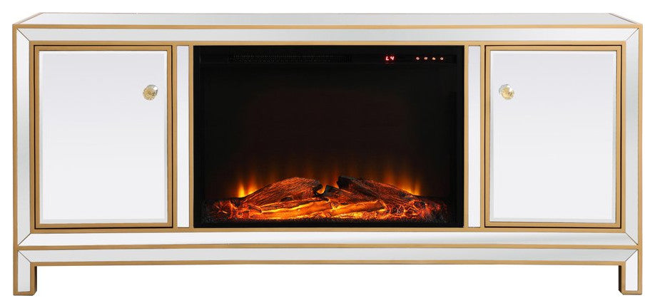 Rosie 60" Mirrored TV Stand With Wood Fireplace, Gold