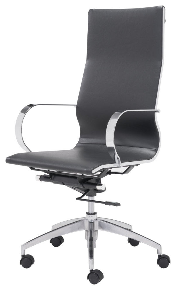 Computer Work High BackChair, Faux Vinyl Leather, Black, Silver, Home Office