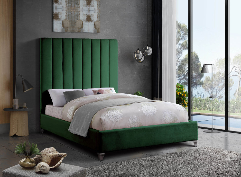 Via Velvet Upholstered Bed, Green, Queen