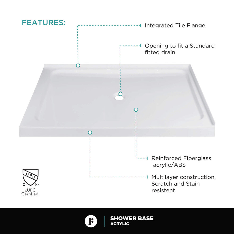 Fine Fixtures Double Threshold Acrylic Shower Base, 48 X 36, Left Hand