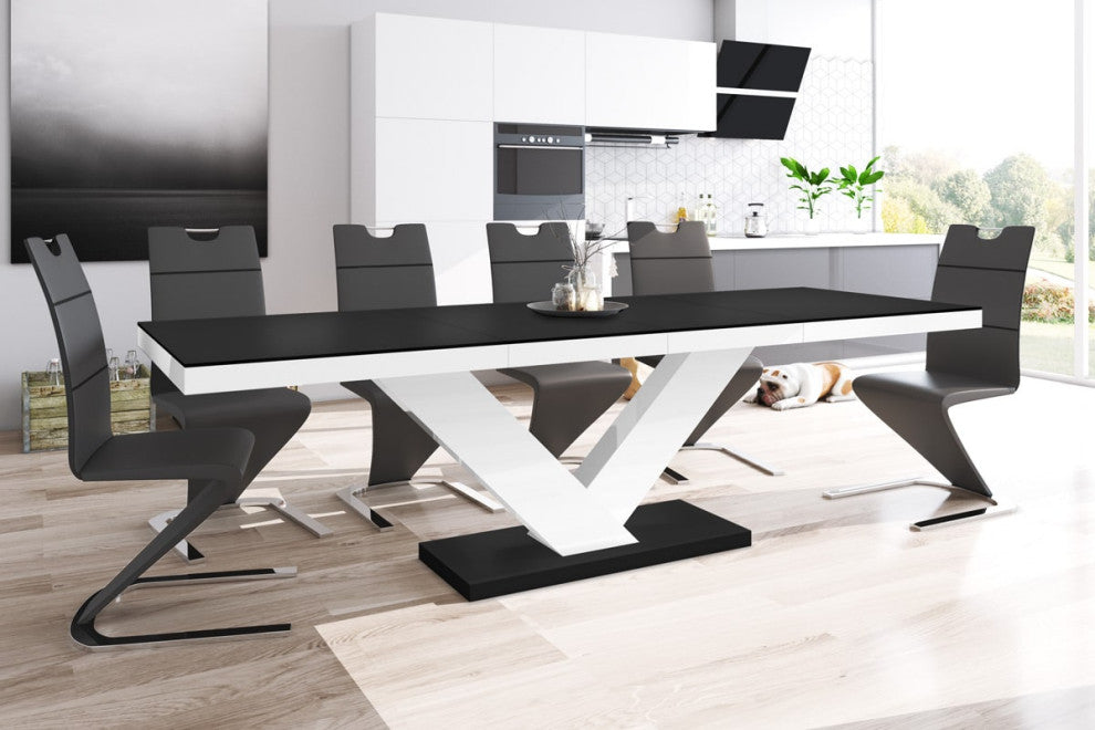NICTORIA Dining Table with Extension, Black/White