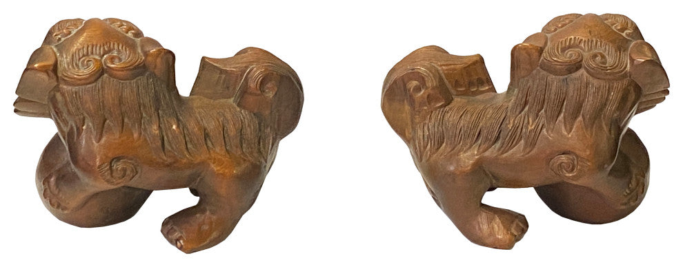 Chinese Pair Wood Carved Mini Foo Dog Lion FengShui Figures Hws2386