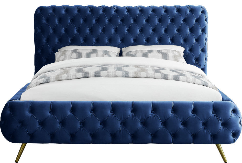 Delano Velvet Upholstered Bed, Navy, Queen