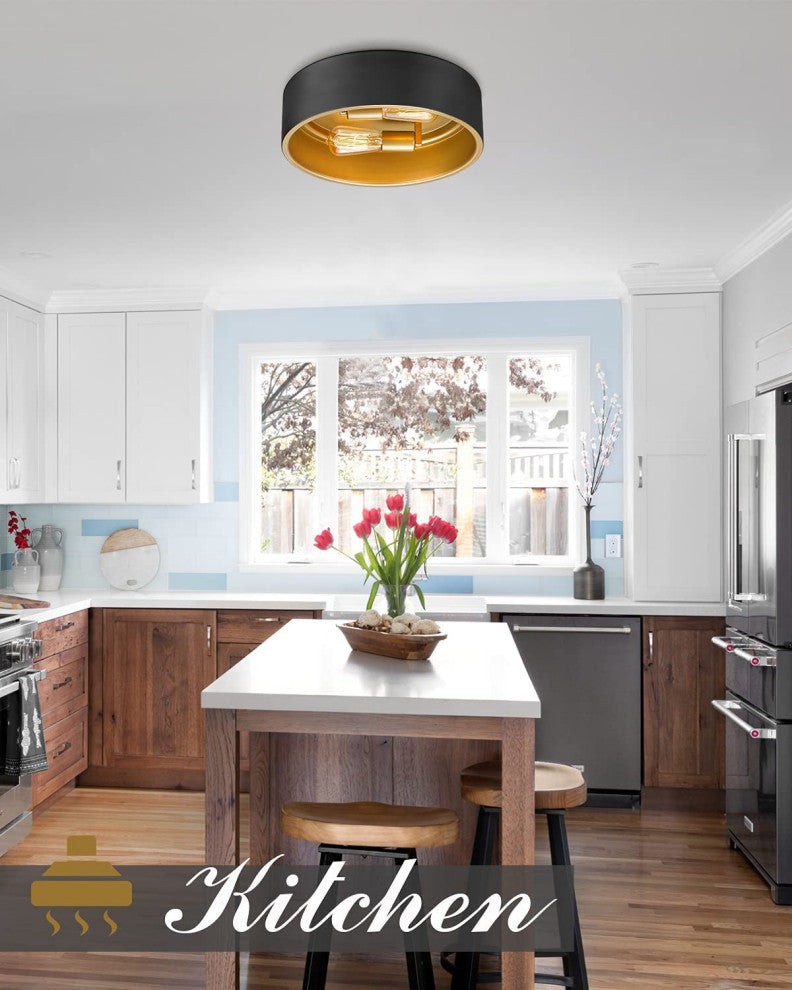 2 Light Close to Ceiling Lamp, Black and Gold Flush Mount