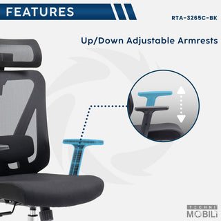 Techni Mobili Truly Ergonomic Mesh Office Chair with Headrest, Black