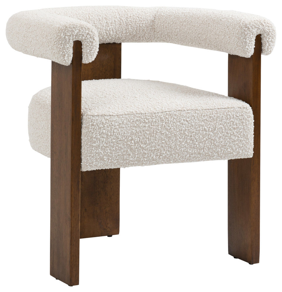 Barrel Boucle Fabric Upholstered Dining Chair, Cream, Walnut Finish