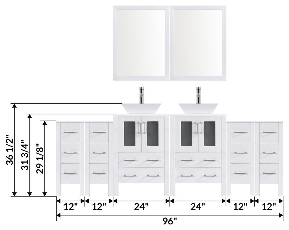 Modern Vanity Set With Two Sink Bases With Mirrors and Four Drawer Bases, White,