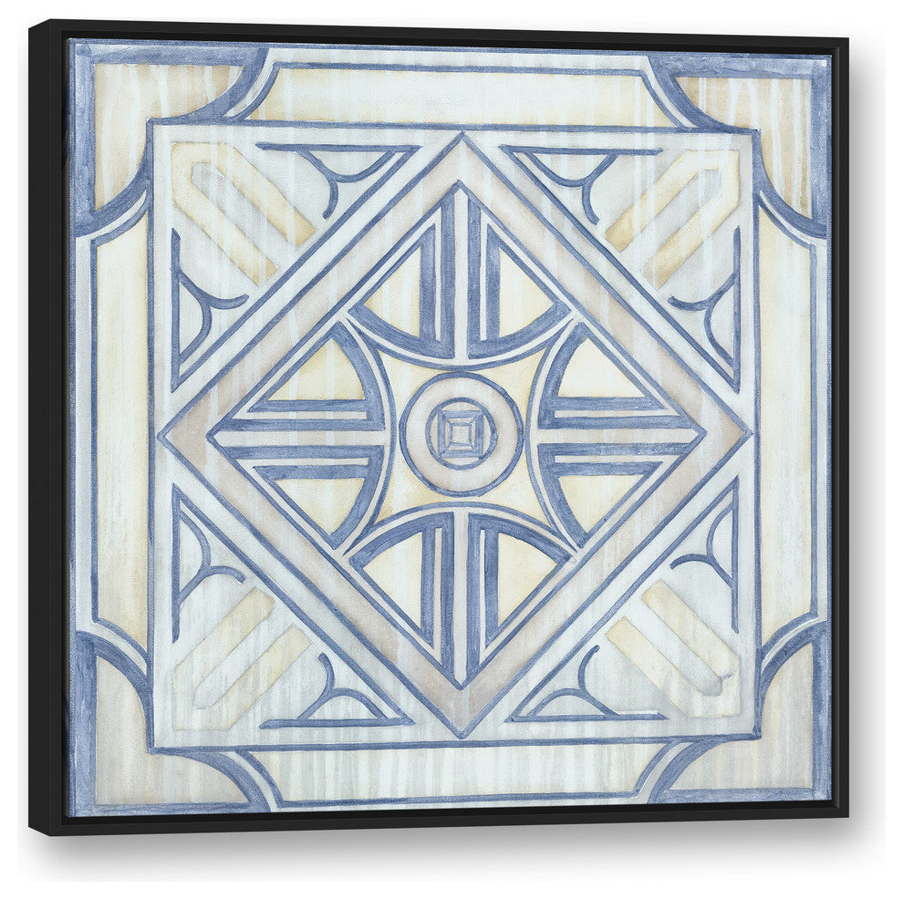 Blue and White Watercolor Tile 36x36 Black Floating Framed Canvas