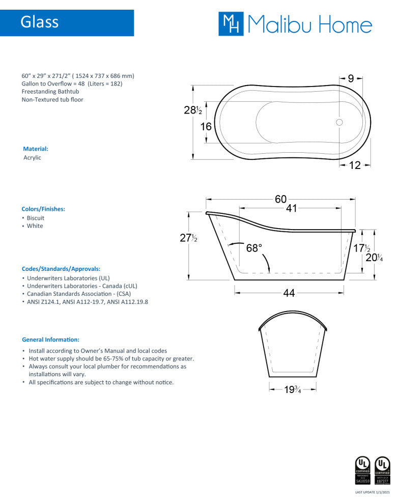 Malibu Glass Oval Soaking Bathtub 60x29x27 Biscuit