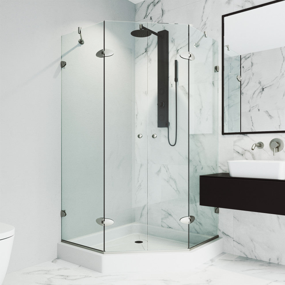 VIGO Gemini Frameless Hinged Neo-Angle Shower Enclosure, Brushed Nickel, 48" D X 47" W, High Base