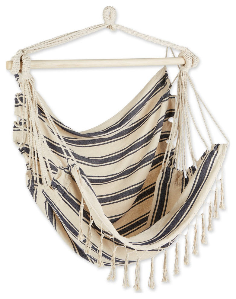 Blue And Cream Ticking Stripe Hammock Chair With Fringe Trim