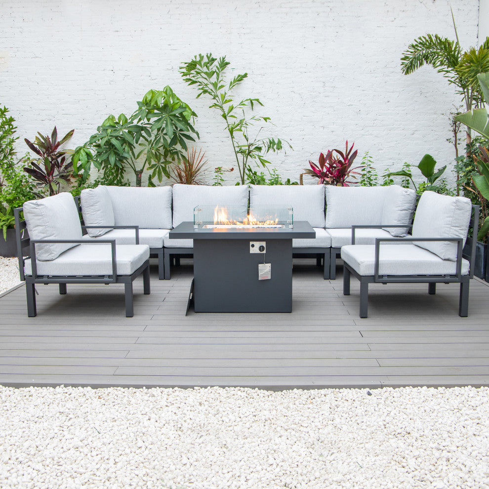 LeisureMod HSFBL-7LGR Hamilton 7-Pcs Conversation Set Fire Pit Table&Cushions
