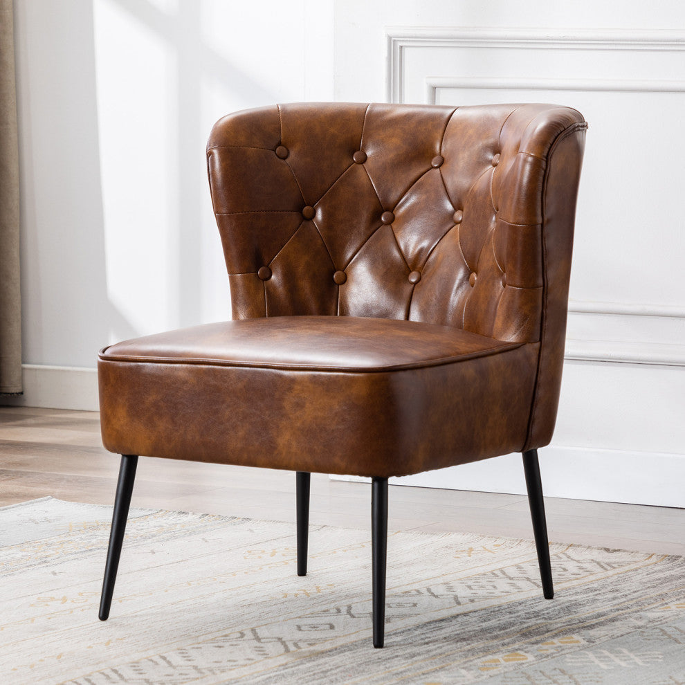 Vintage Button Tufted Faux Leather Slipper Chair, Yellowish-Brown
