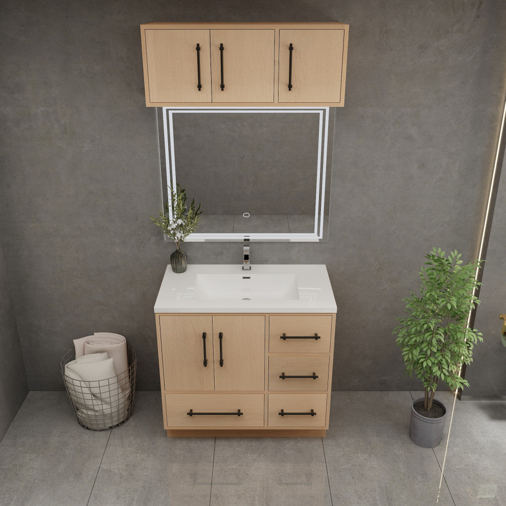 Victoria 36" Solid Wood Bath Vanity, Overhead Cabinet, Yellow Oak