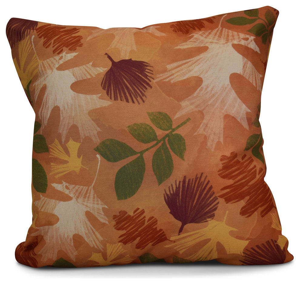 Watercolor Leaves Floral Print Pillow, Rust, 18"x18"