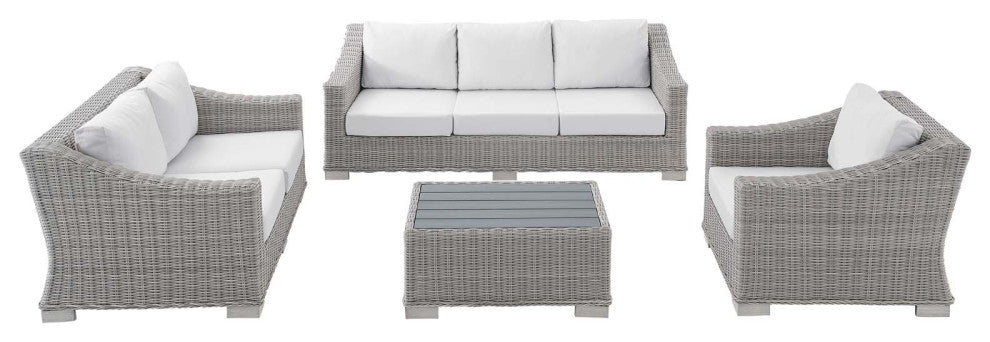 Lounge Sofa Chair Table Set, Rattan, Wicker, Gray White, Modern, Outdoor