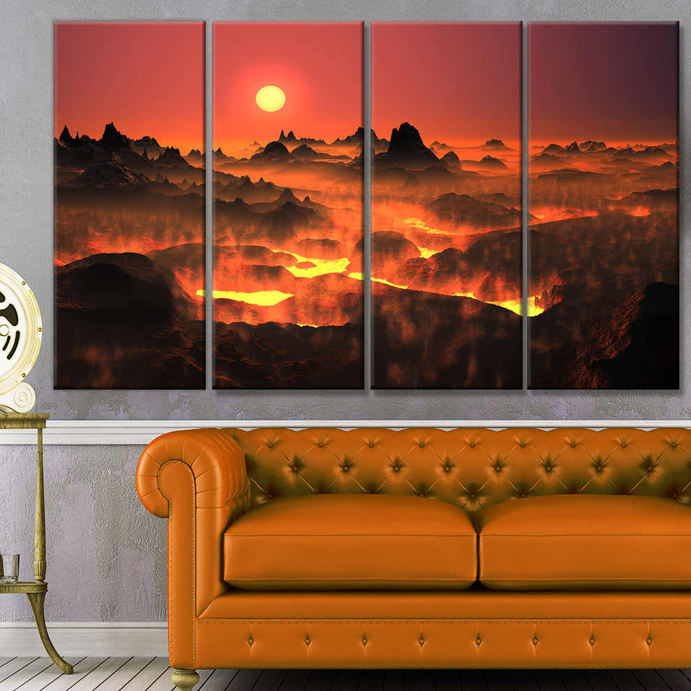Burning Volcano Country, Landscape Canvas Art Print, 48"x28", 4 Panels