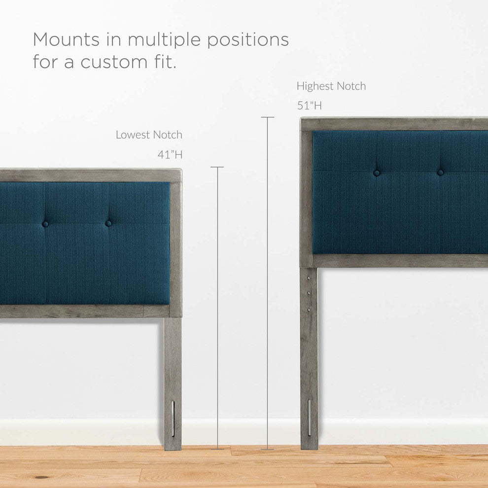 Platform Bed Frame, Queen Size, Fabric, Wood, Gray Navy Blue, Modern