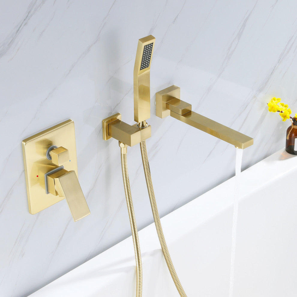 Wall Mounted Double Handle Roman Tub Faucet with Hand Shower, Brushed Gold