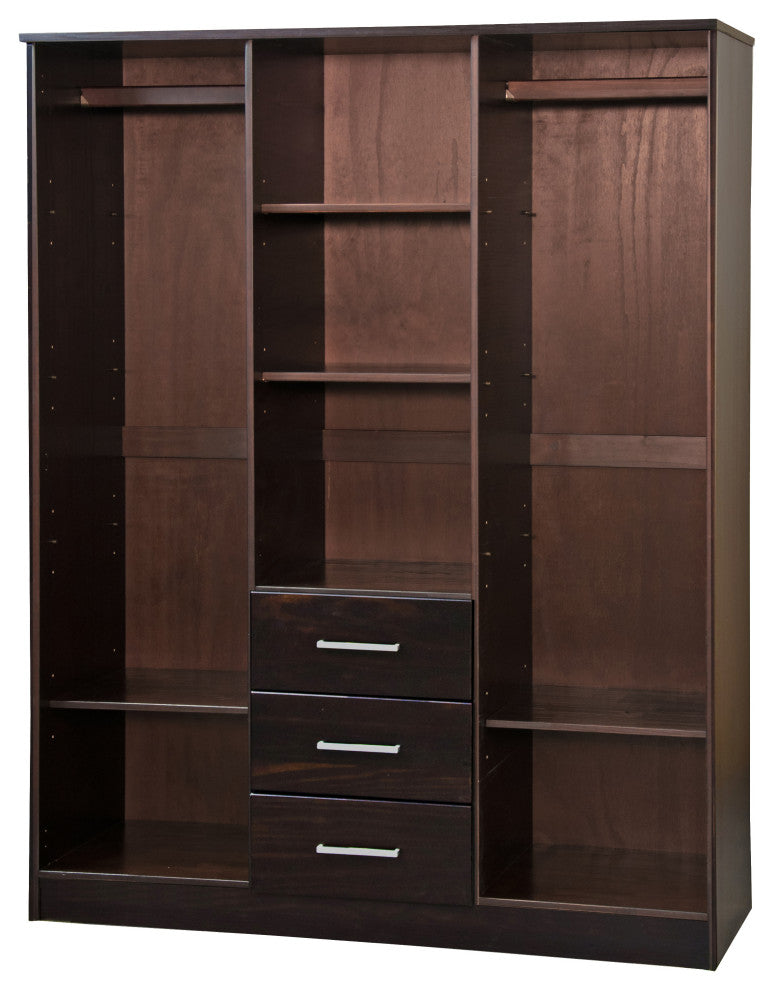 100% Solid Wood Cosmo 3-Door Wardrobe/Armoire, 2 Shelves, Java-Raised Panel