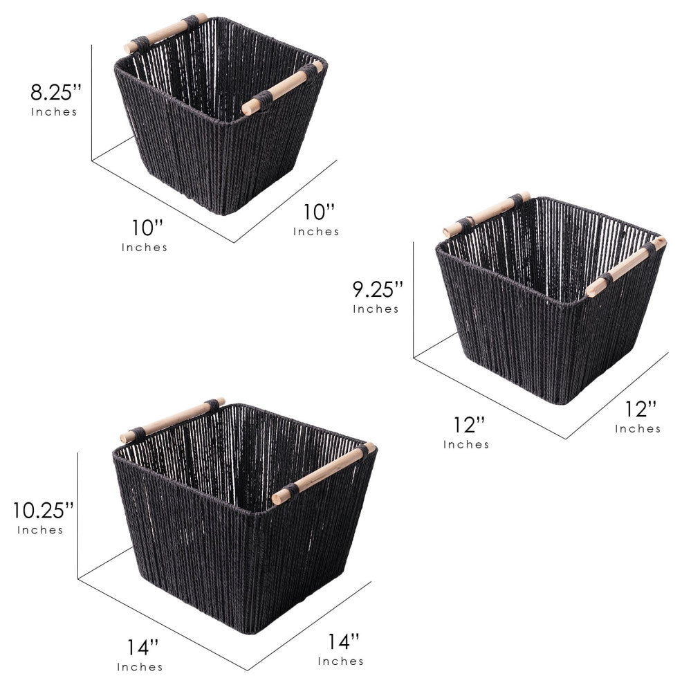 Boho Black Paper and Natural Rope Woven Storage Basket with Handles Set of 3