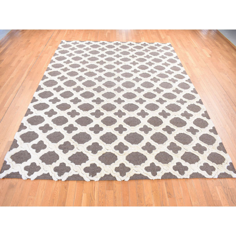 Ivory and Gray, Soft Wool, Hand Knotted, High and Lo Pile Rug, 9'3"x11'7"