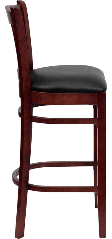 Vertical Slat Back Mahogany Wood Restaurant Barstool, Black Vinyl Seat