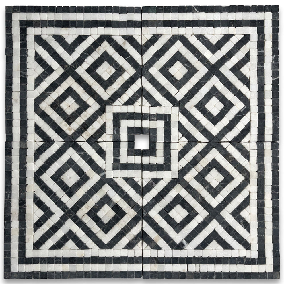 Guitam Black White 7.1x7.1 Marble Mosaic Border Corner Tile Tumbled, 1 piece