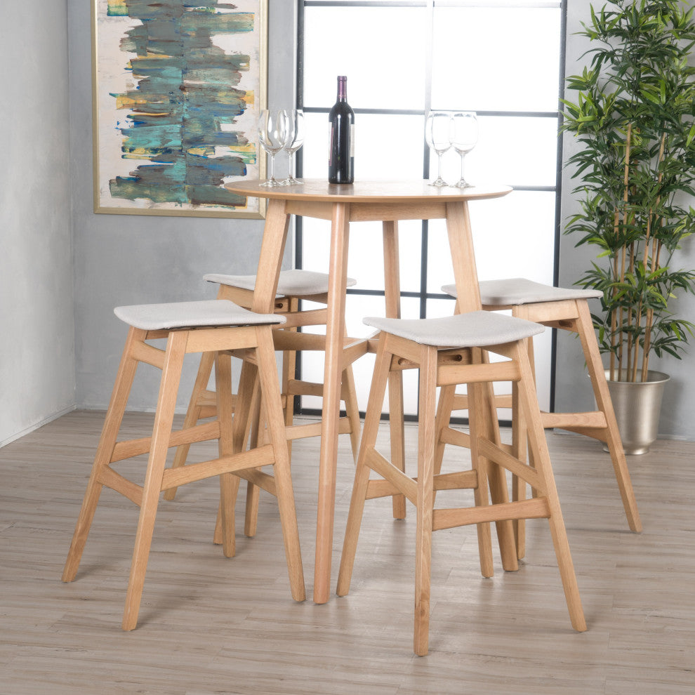 GDF Studio 5-Piece Simi Natural Oak Finish Circular Bar Height Dining Set, Light Beige