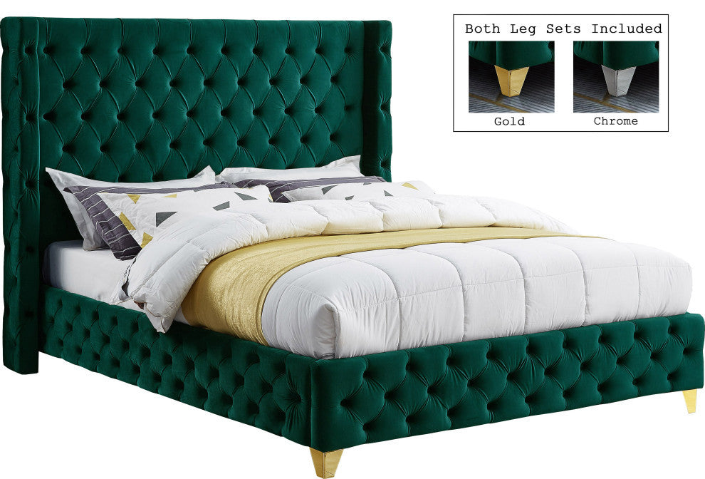 Savan Velvet Upholstered Bed, Green, Queen