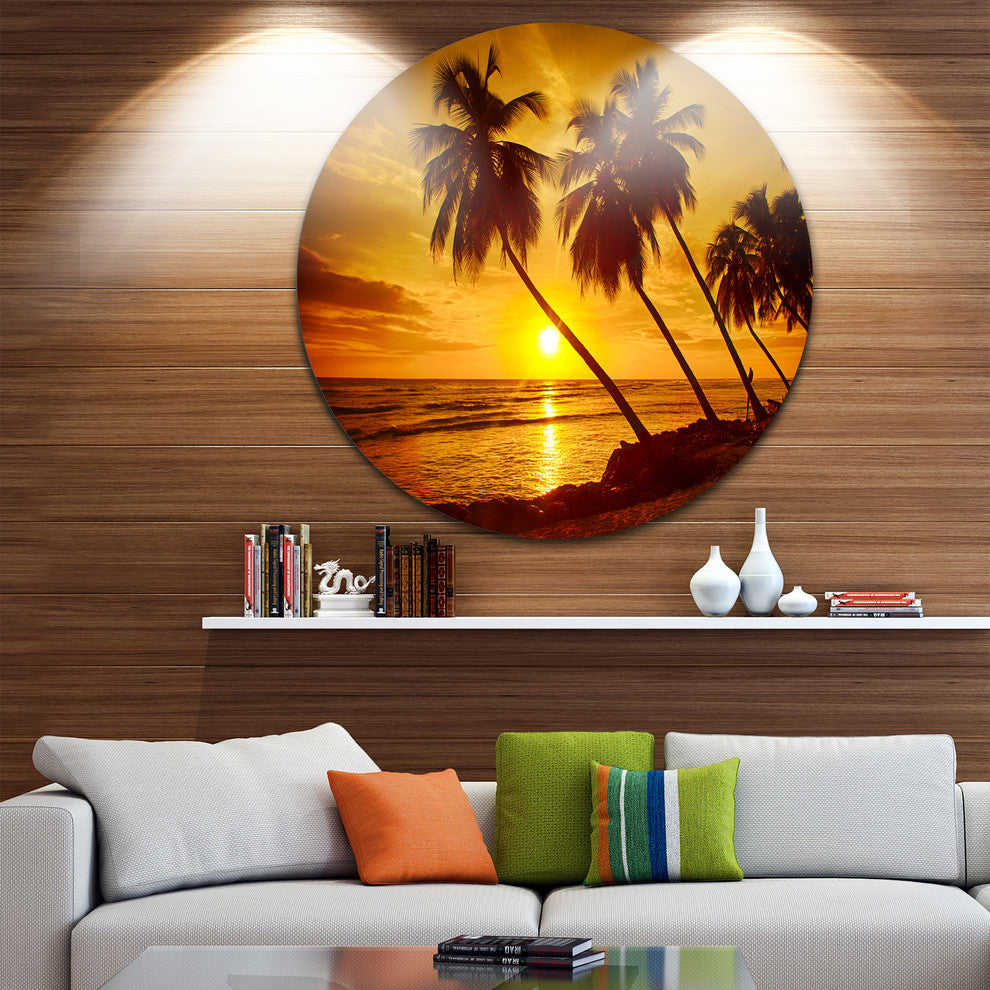 Beach Sunset In Island Barbados, Seascape Round Metal Wall Art, 11"