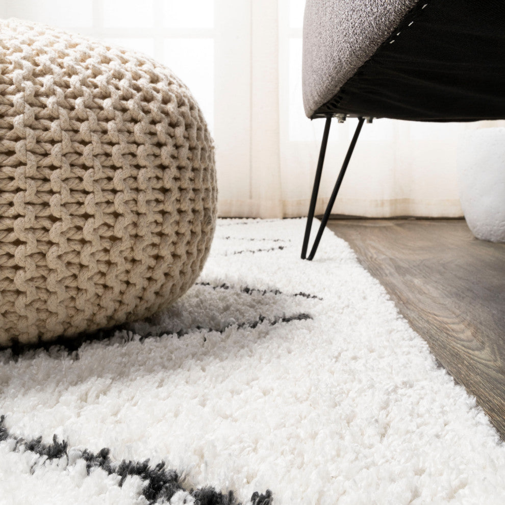 Catala Moroccan Diamond Shag Rug, White/Black, 2x8