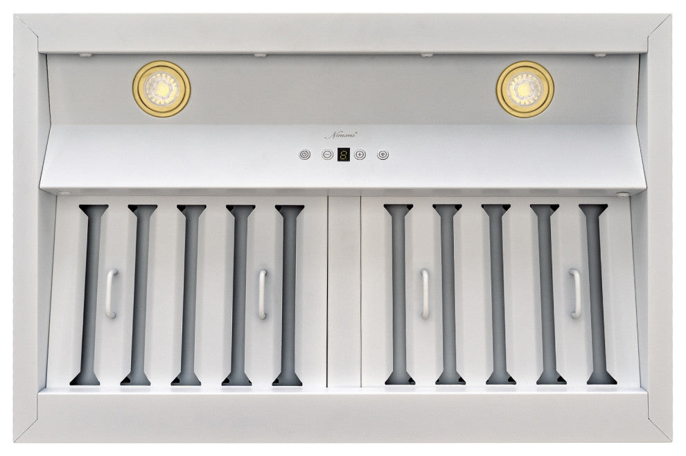 30" Insert/Built-in Satin White Range Hood, Dimmable, 3-Speeds 600CFM, Warm White Light, Satin White & Gold
