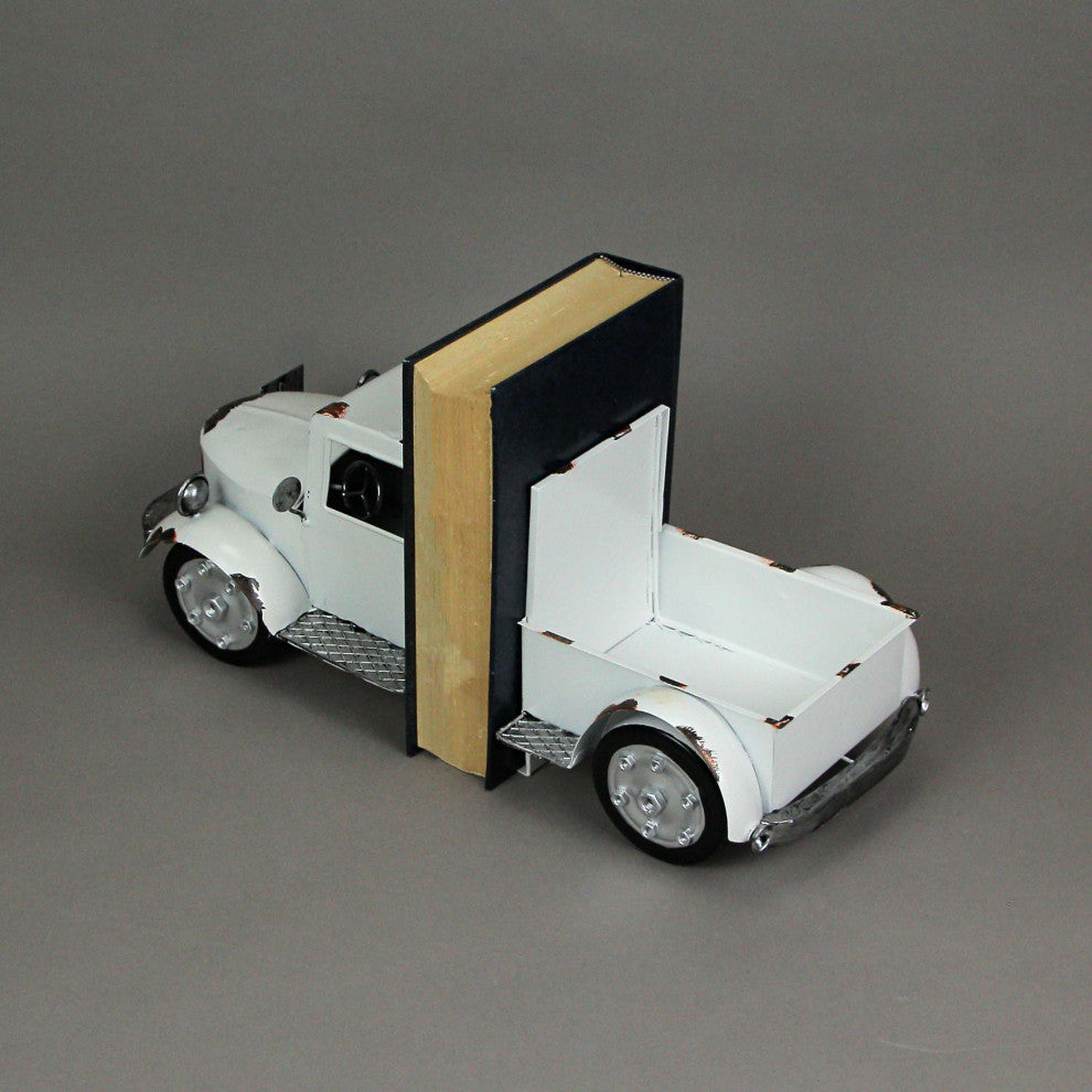 Weathered White Finish Vintage Pickup Truck Metal Bookends Front and Back