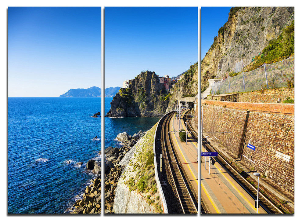 "Train and Railroad Station in Manarola" Metal Wall Art, 3 Panels, 36"x28"