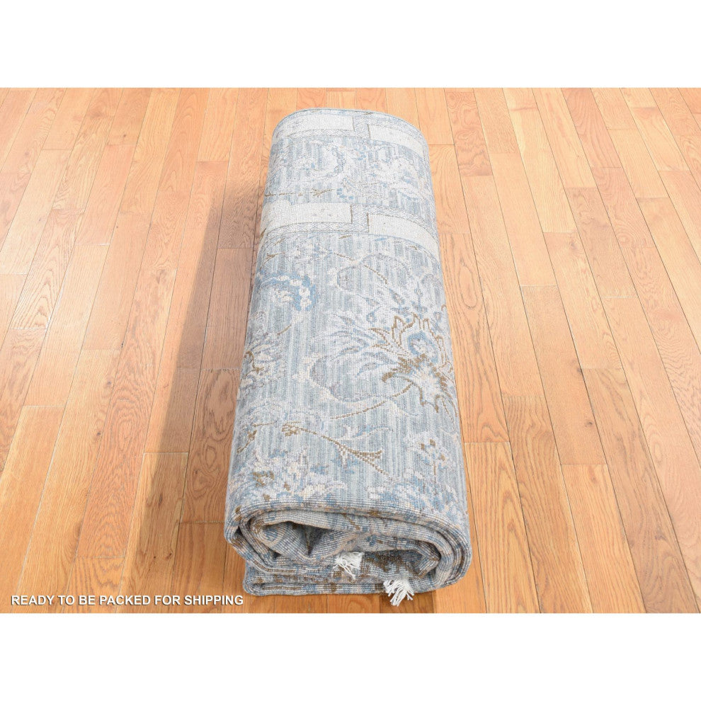 Laurel Green, Mughal Design, Pure Silk Hand Knotted, Oriental Rug, 7'10"x10'2"