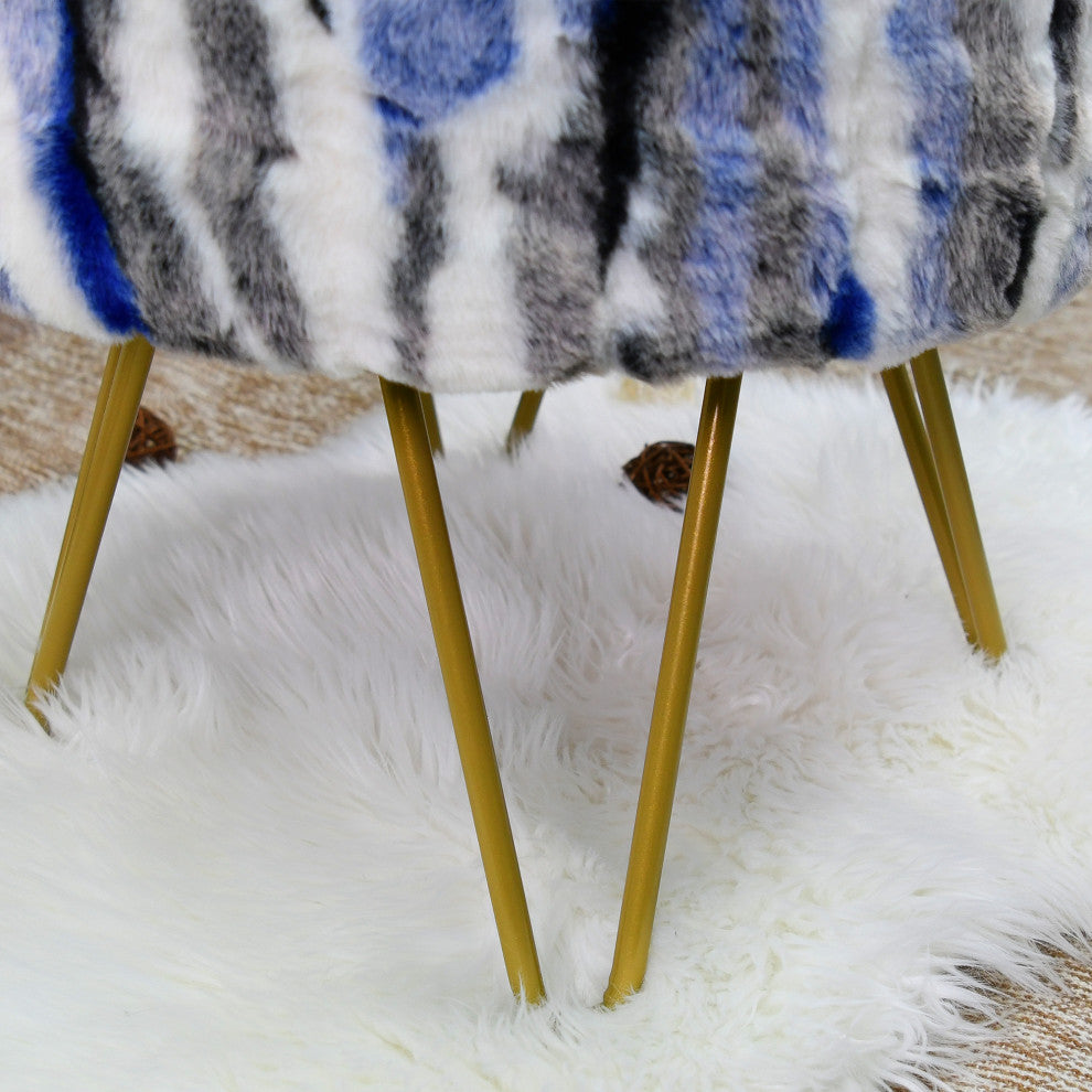 Multi Jacquard Faux Fur Round Ottoman, Blue, 18"x18"x8"
