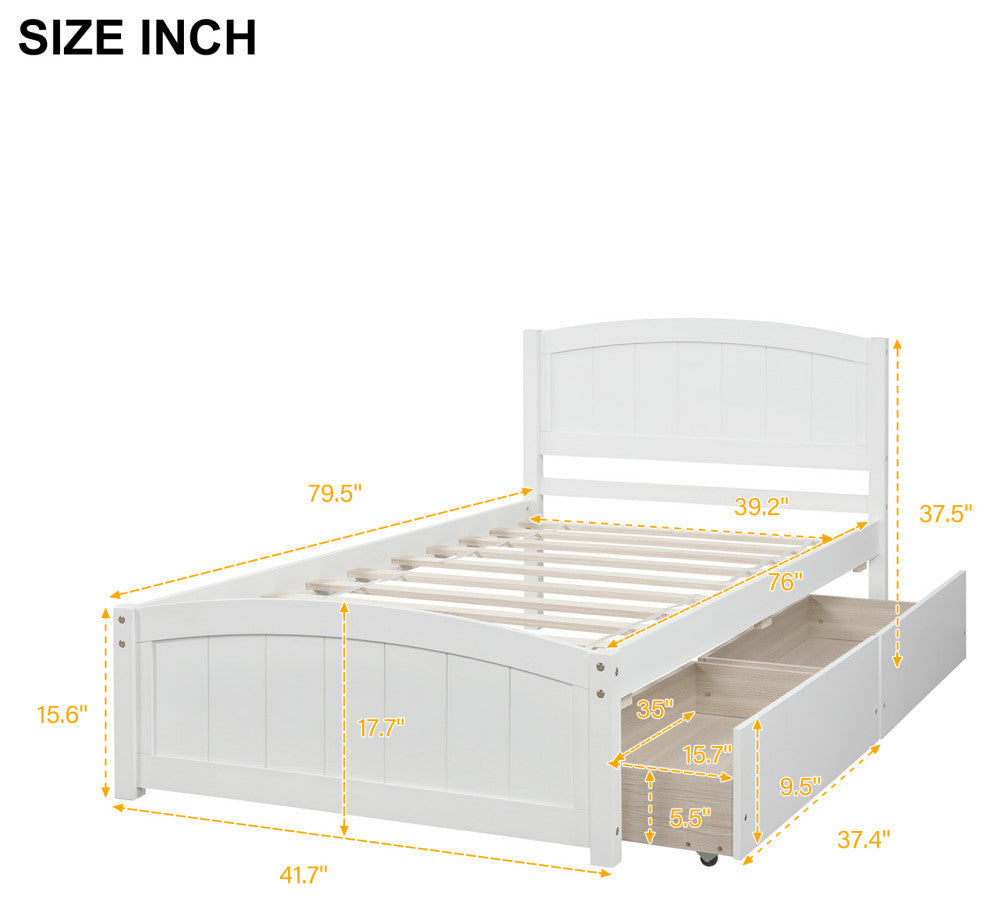 Gewnee Wood Twin size Platform Bed with Two Drawers in White