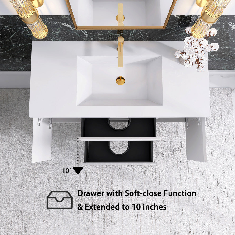 Wall-Mounted Bathroom Vanity with Integrated Resin Sink, White, 48in.