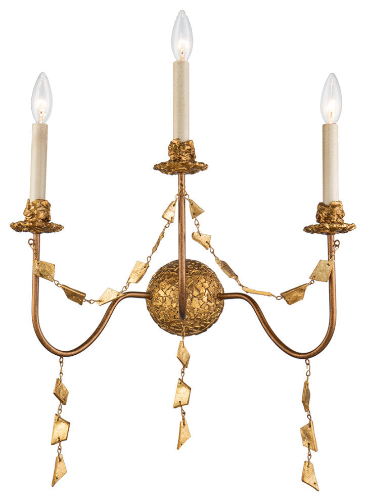 Mosaic 3-Light Flambeau Inspired Wall Sconce, Gold Leaf