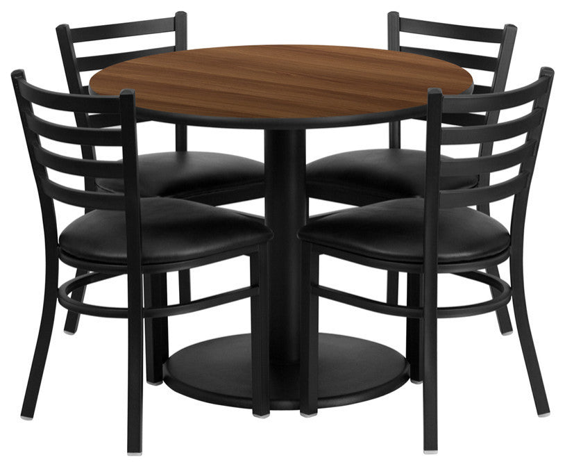 36'' Round Walnut Laminate Table Set W/ 4 Ladder Back Chairs - Black