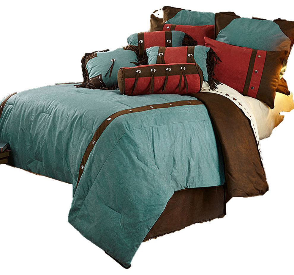 Cheyenne Western Lodge Faux Tooled Leather Comforter Set, 7PC, Turquoise, Super King
