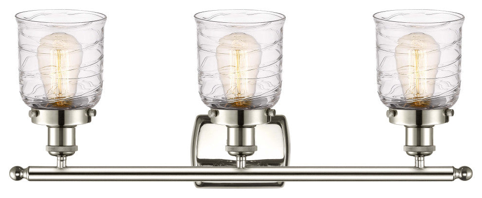 Small Bell 3 Light Bath Vanity Light, Polished Nickel, Deco Swirl