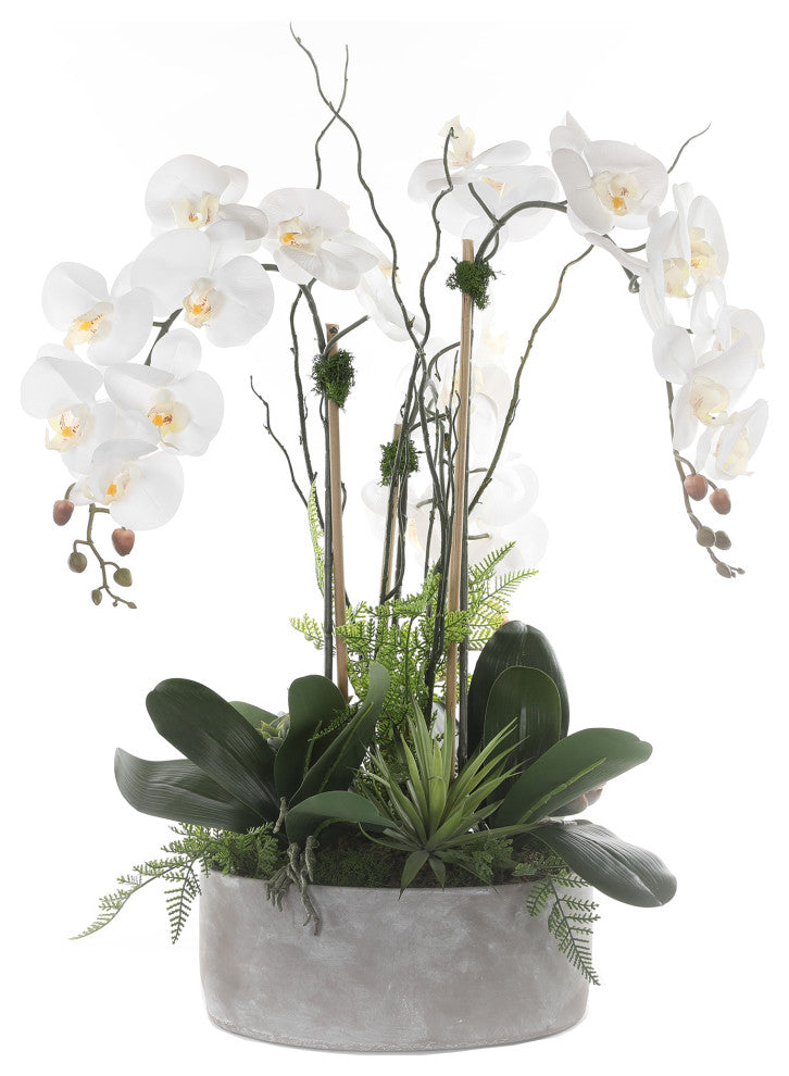 Real Touch Orchid Arrangement, Stone Round Cement Pot