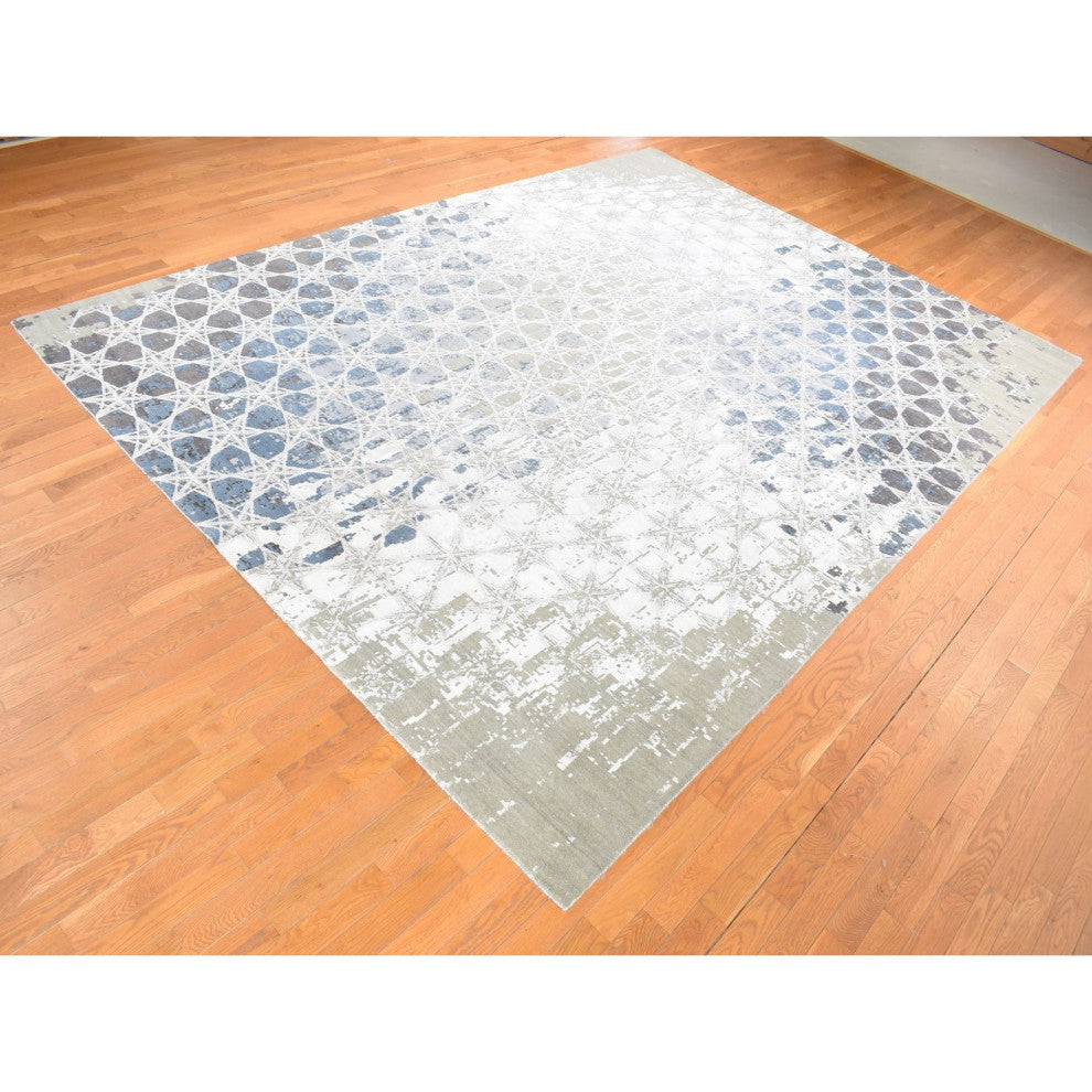 Gray, THE HONEYCOMB Design, Hand Knotted Wool and Silk Rug, 10'x14'1"