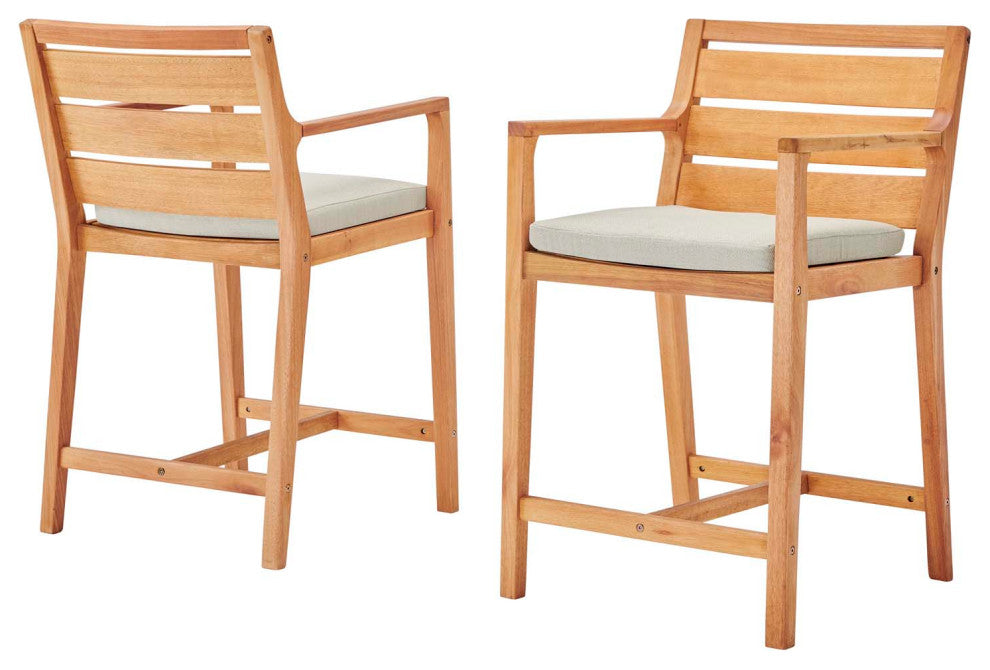 Bar Side Stool Chair, Set of 2, Wood, Brown Natural Taupe Gray, Modern, Outdoor