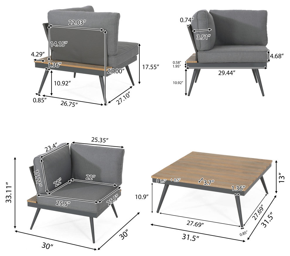 GDF Studio Deborah Outdoor Faux Wood and Aluminum V-Shaped 5 Seater Sofa Set, Natural Finish/Gray