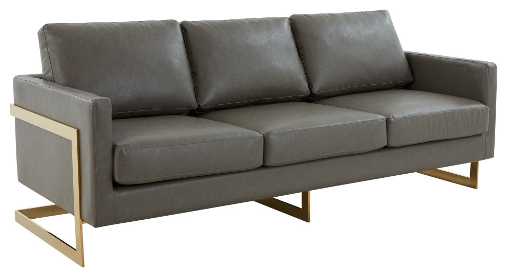 LeisureMod Lincoln Modern Leather Sofa With Gold Frame, Gray