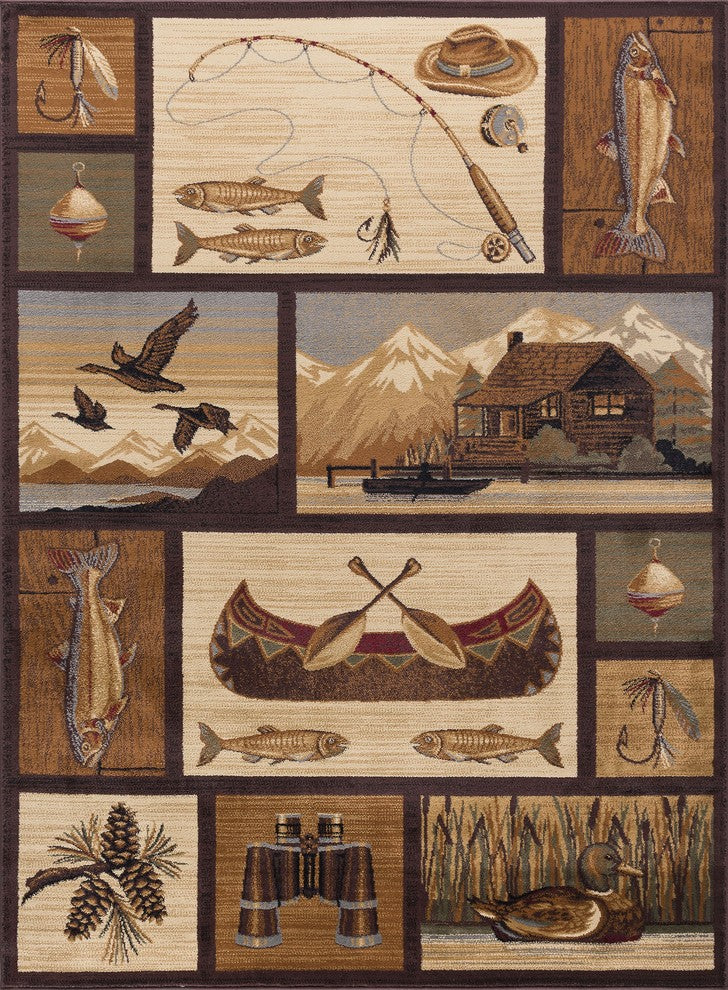 Cabin Getaway Novelty Lodge Pattern Brown Rectangle Area Rug, 8' x 10'